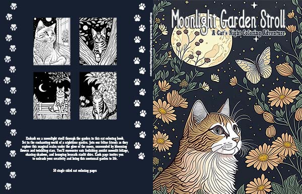 Moonlight Garden Stroll Cat Coloring Book Cover