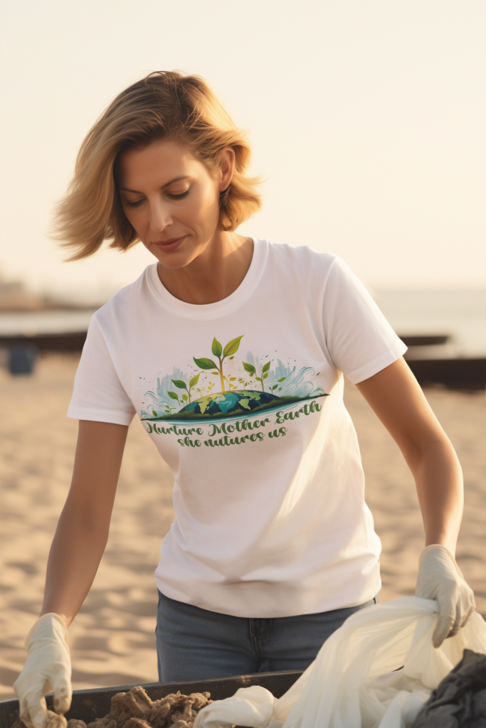 Woman wearing t-shirt with Earth Day Theme.