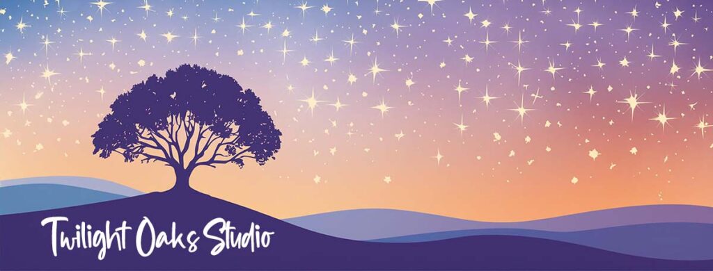 TwilightOaksStudio Logo Oak Tree at twilight with stars