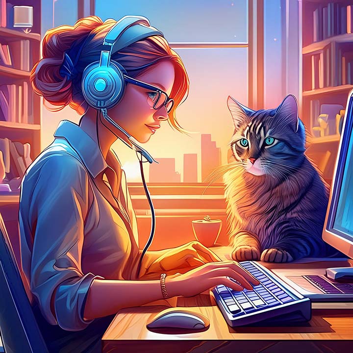 Woman with headset and cat at computer